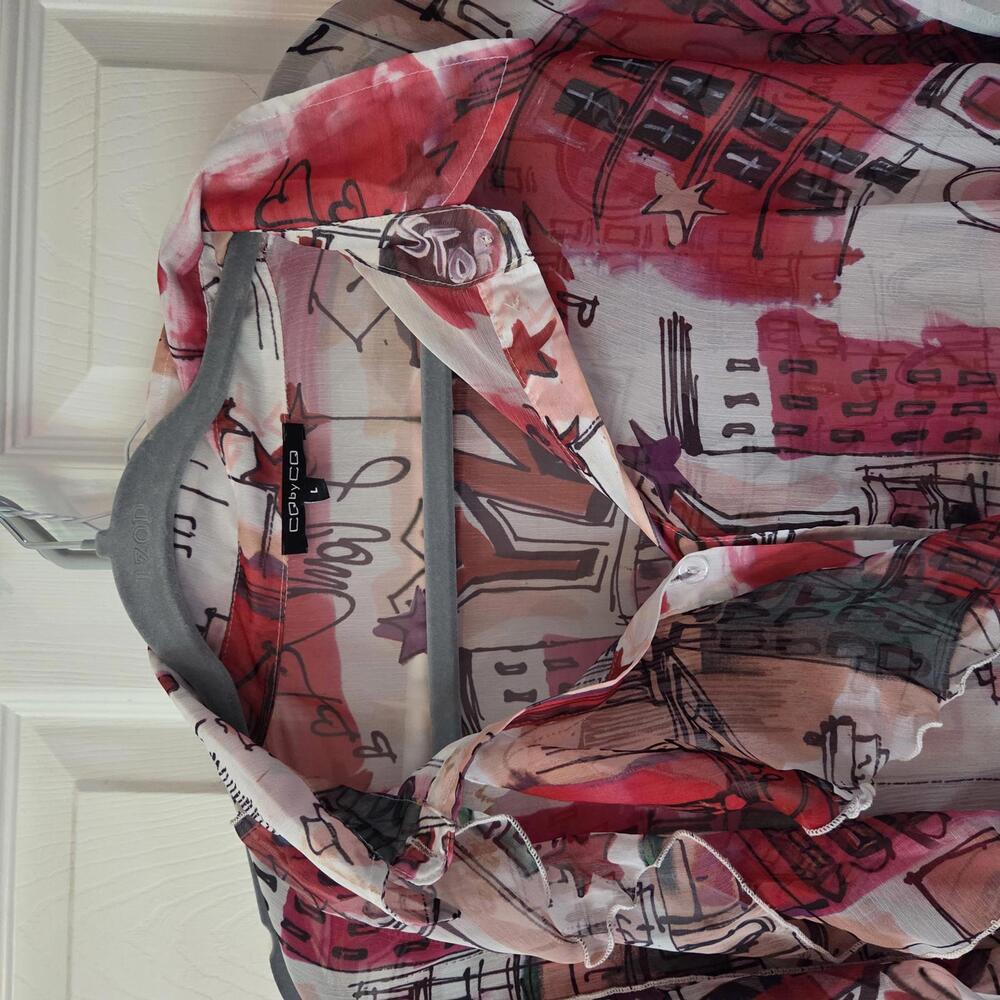 Gorgeous CQ by CQ Sheer Ruffled Blouse with Urban Print -‎ Size Large
